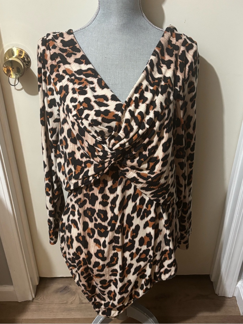Leopard Print Twist Front Body Suit - Beige, Black, Brown